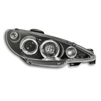 Scheinwerfer, AE-Design, Peugeot 206 Bj. 01, Xenon-Optik-Linse, 2 Standlichtringe, inkl. Blinker, mit elek. LWR, Klarglas / schwarz