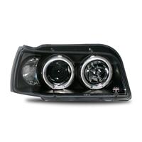 Phares avant, design AE, Renault Clio 92-97, aspect x�non, 2 veilleuses circulaires, clignotant int�gr�, face lisse/fond noir