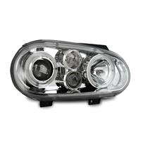 Scheinwerfer, AE-Design, VW Golf 4 Bj. 97-03, Xenon-Optik-Linse, 2 Standlichtringe, inkl. Blinker, Vorbereitung f�r elek. LWR, ohne Nebelscheinwerfer, Klarglas / chrom