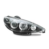 Headlights, AE design, Peugeot 206 98-01, xenon-look lense, 2 position-light rings, built-in indicator, levelling control, clear/black