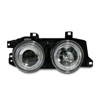 Headlights, AE design, BMW E34 88-95/ E32 86-94, xenon-look lense, 2 position-light rings, levelling control, clear/chrome