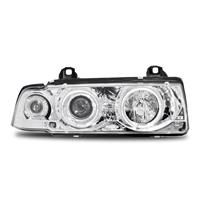 Headlights, AE design, BMW E36 sedan and Touring, xenon-look lense, 2 position light rings, built-in indicator, levelling control, clear/chrome