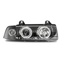 Headlights, AE design, BMW E36 sedan and Touring, xenon-look lense, 2 position light rings, built-in indicator, levelling control, clear/black
