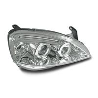 Scheinwerfer, AE-Design, Opel Corsa C Bj. 01-06, Xenon-Optik-Linse, 2 Standlichtringe, inkl. Blinker, elek. LWR (nur wenn Valeo Scheinwerfer eingebaut waren), Klarglas / chrom