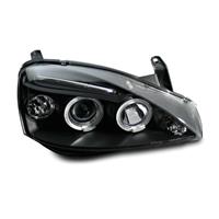 Scheinwerfer, AE-Design, Opel Corsa C Bj. 01-06, Xenon-Optik-Linse, 2 Standlichtringe, inkl. Blinker, elek. LWR (nur wenn Valeo Scheinwerfer. eingebaut waren), Klarglas / schwarz