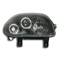 Phares avant, design AE, Renault Clio B 98-01, aspect x�non, 2 veilleuses circulaires, avec clignotant et feux antibrouillard, correcteur de port�e luminueuse int�gr�, verre lisse, fond noir