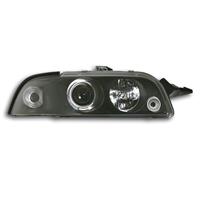 Phares avant, design AE, Fiat Punto 93-96 (Typ 176) 3/5 portes, aspect x�non, 1 veilleuse circulaire, clignotant int�gr�, �clairage additionnel: 2 LED, face lisse/fond noir