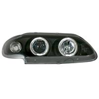 Headlights, AE design, Renault Megane 96-00, xenon-look lense, 2 position-light rings, built-in indicator, levelling control, clear/black