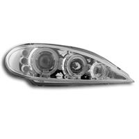 Headlights, AE design, Renault Megane 99-02, xenon-look lense, 2 position-light rings, additional position light: 3 LED, built-in indicator, levelling control, clear/chrome