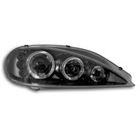Headlights, AE design, Renault Megane 99-02, xenon-look lense, 2 position-light rings, additional position light: 3 LED, built-in indicator, levelling control, clear/black