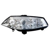 Headlight set, AE design, Renault Megane 03-05, 2 position light rings, xenon-look lense, electric levelling control, built-in indicators, clear/chrome