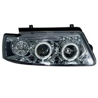 Headlight set, AE design, VW Passat (3B) 97-00, 2 position light rings, xenon-look lense, built-in indicators, electric levelling control, clear/chrome