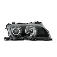 Headlight set, AE design, BMW E46/2 98 - 01, 2 position light rings, xenon-look lense, motor for electric levelling control, clear/black
