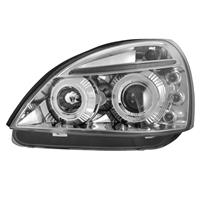 Phares avant, design AE, Renault Clio 06/01- 09/05, aspect x�non, 2 veilleuses circulaires, correcteur de port�e lumineuse, face lisse / fond chrome