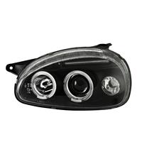 Scheinwerfer, AE-Design, Opel Corsa B, Bj. 94-00, Xenon-Optik-Linse, 2 Standlichtringe, Zusatzbeleuchtung: 1 LED, Standlichtleiste, inkl. Blinker, Klarglas / schwarz