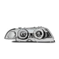 Headlights, AE design, BMW E46/4 98 - 01, xenon-look lense, 2 position-light rings, built-in indicator, motor for levelling control, clear/chrome