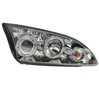 Scheinwerfer, AE-Design, Ford Focus 4/5 T�rer Bj. 05-08, Xenon-Optik-Linse, 2 Standlichtringe, inkl. Blinker, mit LWR, Zusatzbeleuchtung: 1 Standlichtbirne + 2 LED, Klarglas/chrom