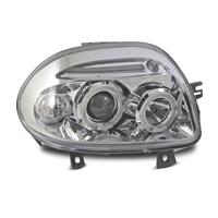 Phares avant, design AE, Renault Clio B 98-01, aspect x�non, 2 veilleuses circulaires, clignotant int�gr�, feux de positions additionnels, r�glage �lectrique, face lisse/fond chrome