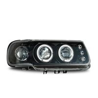 Scheinwerfer, AE-Design, VW Polo Bj. 95-98, Xenon-Optik-Linse, 2 Standlichtringe, inkl. Blinker, Zusatzbeleuchtung: 3 LED, Klarglas / schwarz