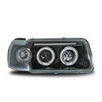 Headlight set Audi 80 91-94, AE design, 2 position-light rings, indicators and levelling control inclusive, additional parking light function, clear/black