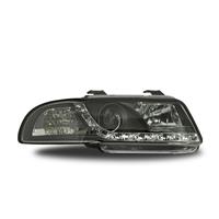 Headlight set Audi A4 95-98, daytime running lights design, xenon-look lense, with indicator and levelling control, clear/black