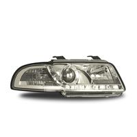 Headlights, DRL design, Audi A4 95-98, xenon-look lense, built-in indicator, levelling control, clear/chrome
