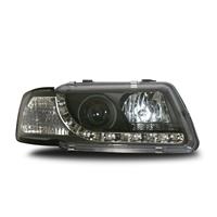 Scheinwerfer, Tagfahrlicht Design, Audi A3 Bj. 96-00, Xenon-Optik-Linse, inklusive Blinker, mit LWR, Klarglas / schwarz