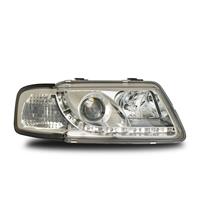 Scheinwerfer, Tagfahrlicht Design, Audi A3 Bj. 96-00, Xenon-Optik-Linse, inklusive Blinker, mit LWR, Klarglas / chrom