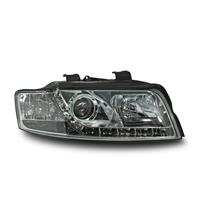Scheinwerfer, Tagfahrlicht Design, Audi A4 Bj. 01-04, Xenon-Optik-Linse, inkl. Blinker, mit LWR, Klarglas / chrom