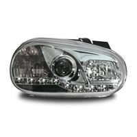 Scheinwerfer, Tagfahrlicht Design, Golf 4 Bj. 97-03, Xenon-Optik-Linse, inkl. Blinker, Vorbereitung f�r elek. LWR, ohne Nebelscheinwerfer, Klarglas / chrom