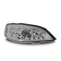 Scheinwerfer, Tagfahrlicht Design, Opel Astra G Bj 98-04, 3/5 T�rer, Xenon-Optik-Linse, inkl. Blinker, Vorbereitung f�r elek. LWR, Klarglas / chrom