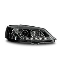 Phares avant Opel Astra G 98-04, 3/5 portes, design feux diurnes, aspect x�non, avec clignotants et correcteur de port�e lumineuse, verre lisse/fond noir