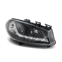 Headlights, DRL design, Renault Megane 03-05, 4+5 doors, xenon-look lense, built-in indicator, levelling control, clear/black