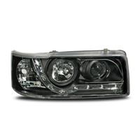 1 Satz (links, rechts) Scheinwerfersatz VW T4  90-96, Tagfahrtlicht Design,  Klarglas / Schwarz, Projektor Linse, inklusive Blinker,  mit LWR