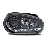 Scheinwerfer, Tagfahrlicht Design, VW Golf IV Bj. 97-03, Xenon-Optik-Linse, inkl. Blinker, elek. LWR, Klarglas / schwarz