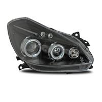 Phares avant, Renault Clio 05-, design AE, 2 veilleuses circualires, aspect x�non, clignotant int�gr�, r�glage �lectrique, face lisse/fond noir