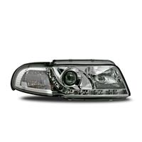 Headlights, DRL design, Audi A4 99-00, xenon-look lense, built-in indicator, levelling control, clear/chrome