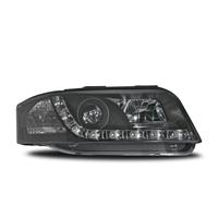 Phares avant, Audi A6 01-03, design feux diurnes, aspect x�non, clignotant et correcteur de port�e lumineuse int�gr�s, verre lisse/fond noir