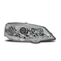 Scheinwerfer, Tagfahrlicht Design, Opel Astra G BJ. 98-04, Xenon-Optik-Linse, inklusive Blinker, mit LWR, Klarglas / chrom