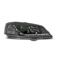 Scheinwerfer, Tagfahrlicht Design, Opel Astra G BJ. 98-04, Xenon-Optik-Linse, inklusive Blinker, mit LWR, Klarglas / schwarz