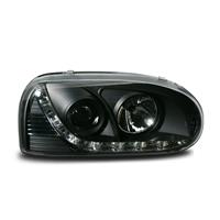Scheinwerfer, Tagfahrlicht Design, VW Golf 3  Bj. 92-97, Xenon-Optik-Linse, mit LWR, Klarglas / schwarz