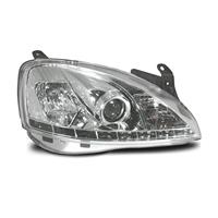 Headlights, DRL Design, Opel Corsa C 01-06, xenon-look lense, built-in indicator, levelling control, clear/chrome