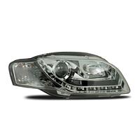 Phares avant, Audi A4 04-08, design feux diurnes, aspect x�non, avec clignotants et correcteur de port�e lumineuse, verre lisse/ fond chrome
