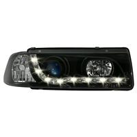 Scheinwerfer, Tagfahrlicht Design, BMW E36 2/4  Bj. 91-97, Xenon-Optik-Linse, inkl. Blinker, mit LWR, Klarglas / schwarz