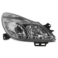 Headlights, DRL design, Opel Corsa D 06-, xenon-look lense, built-in indicator, levelling control, clear/chrome