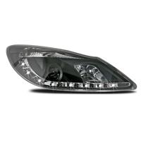 Headlights, DRL design, Opel Corsa D 06-, xenon-look lense, built-in indicator, leveling control, clear/black