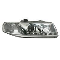 Scheinwerfer, Tagfahrlicht Design, Seat Leon Bj. 99-05, Toledo Bj. 99-04, Xenon-Optik-Linse, inkl. Blinker, Vorbereitung f�r elek. LWR, Klarglas / chrom