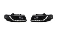 Scheinwerfer, Tagfahrlicht Design, Seat Leon Bj. 99-05, Toledo Bj. 99-04, Xenon-Optik-Linse, inkl. Blinker, Vorbereitung f�r elek. LWR, Klarglas / schwarz