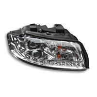 Phares avant, Audi A4 01-04, design feux diurnes, aspect x�non, clignotant et correcteur de port�e lumineuse int�gr�s, verre lisse/ fond chrome