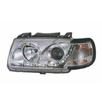 Scheinwerfer, Tagfahrlicht Design, VW Polo Bj. 10.94-09.99, Xenon-Optik-Linse, inkl. Blinker, Klarglas / chrom